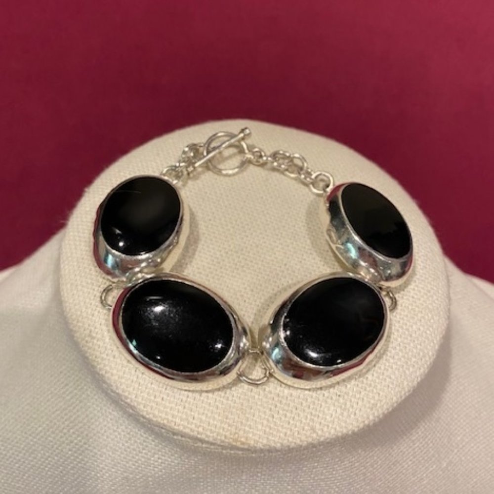 VTG 925 Silver Black Onyx Oval Stones Toggle BRACELET - Picture 2 of 7